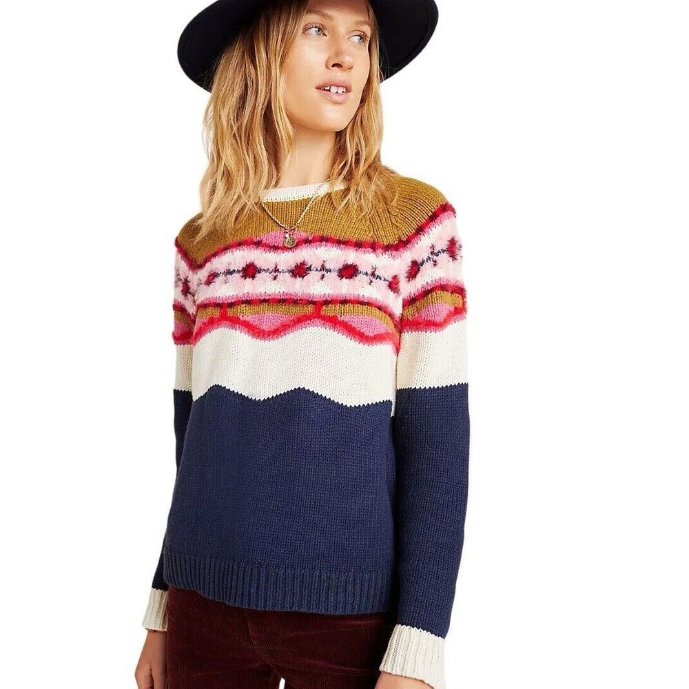 Anthropologie Field Flower Fair Isle Camellia Sweater Pullover Wool Blend XS